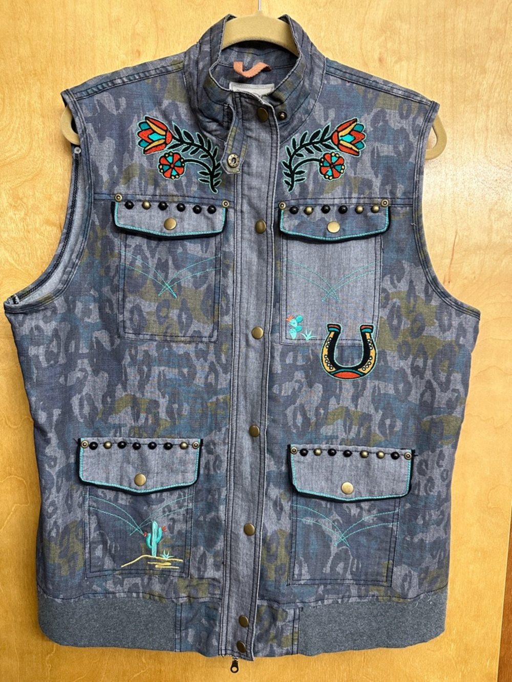 Double D Ranch Camo Denim Vest with Floral Embroidery- Blue